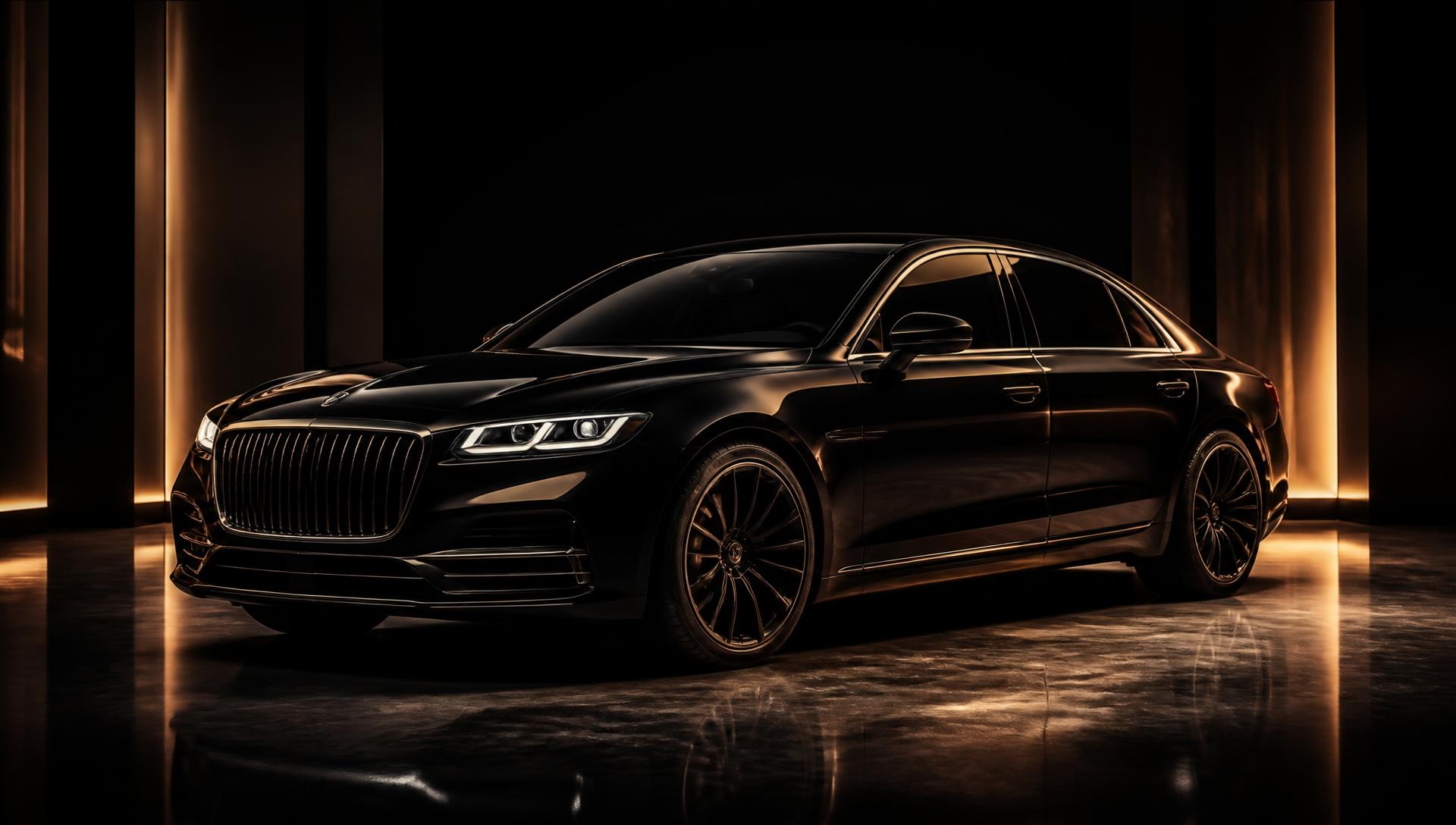 Black luxury sedan in a dimly lit showroom